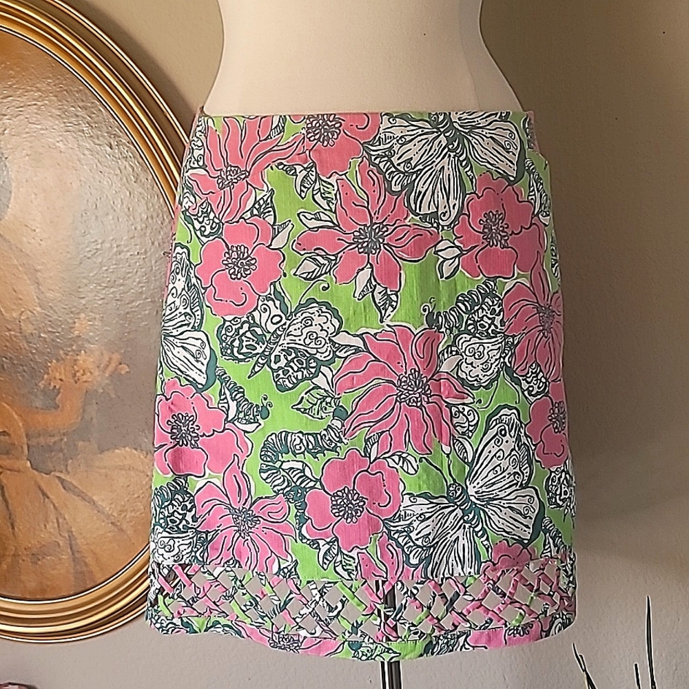 Vintage LILLY PULITZER Green & Pink Floral Butterfly Latice Hem Skirt. 8